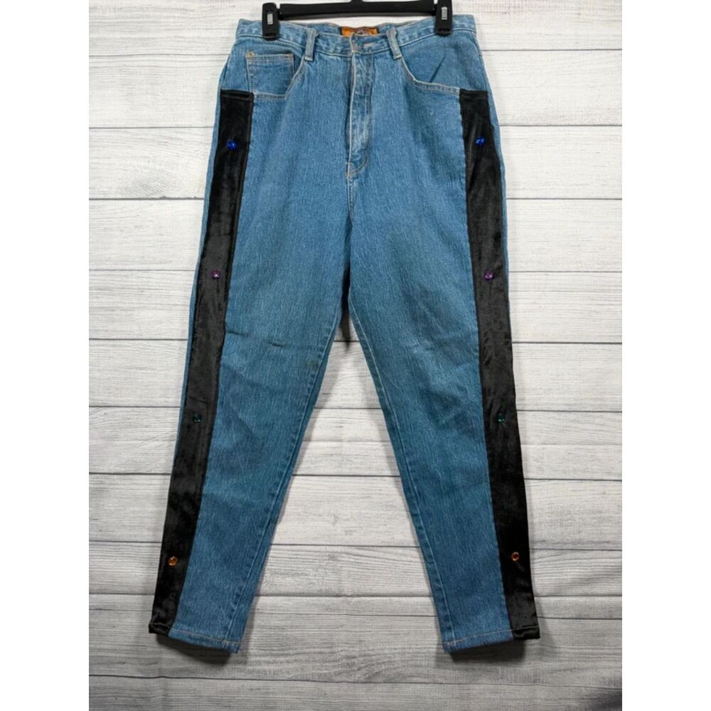 Vintage Baccini Women's 13/14 Blue Jeans Velvet Rhinestone Side Stripes 1328
